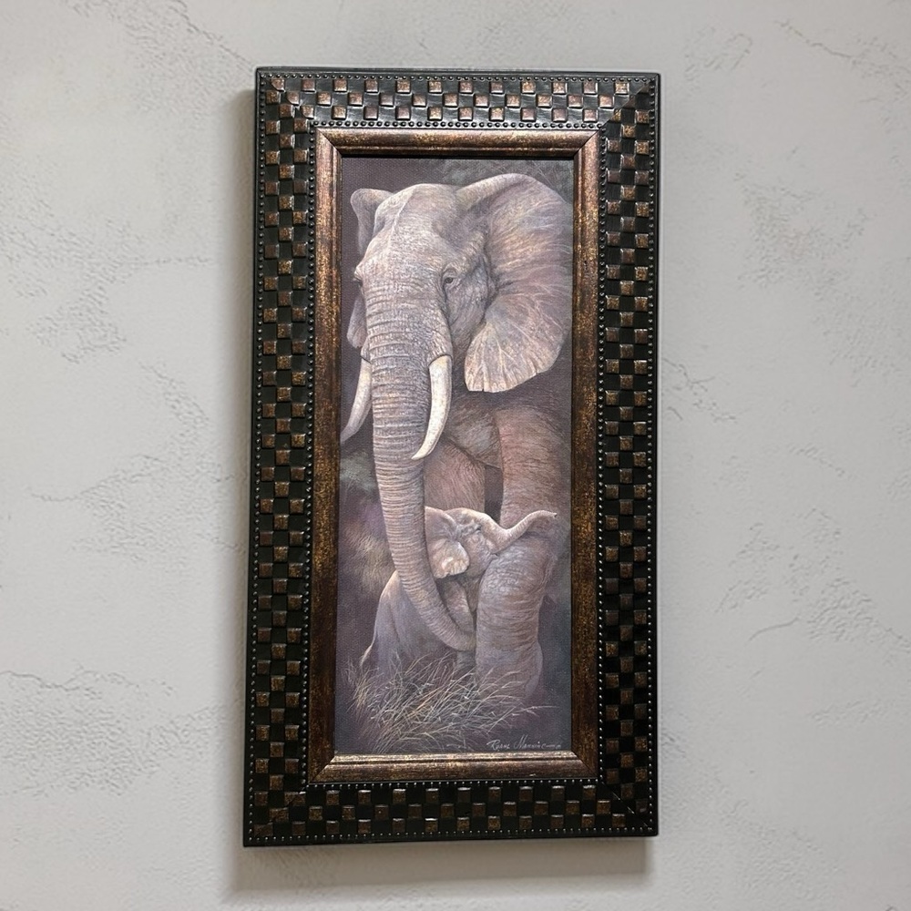 "Protective Care" by Ruane Manning – Framed Elephant & Calf Art Print
